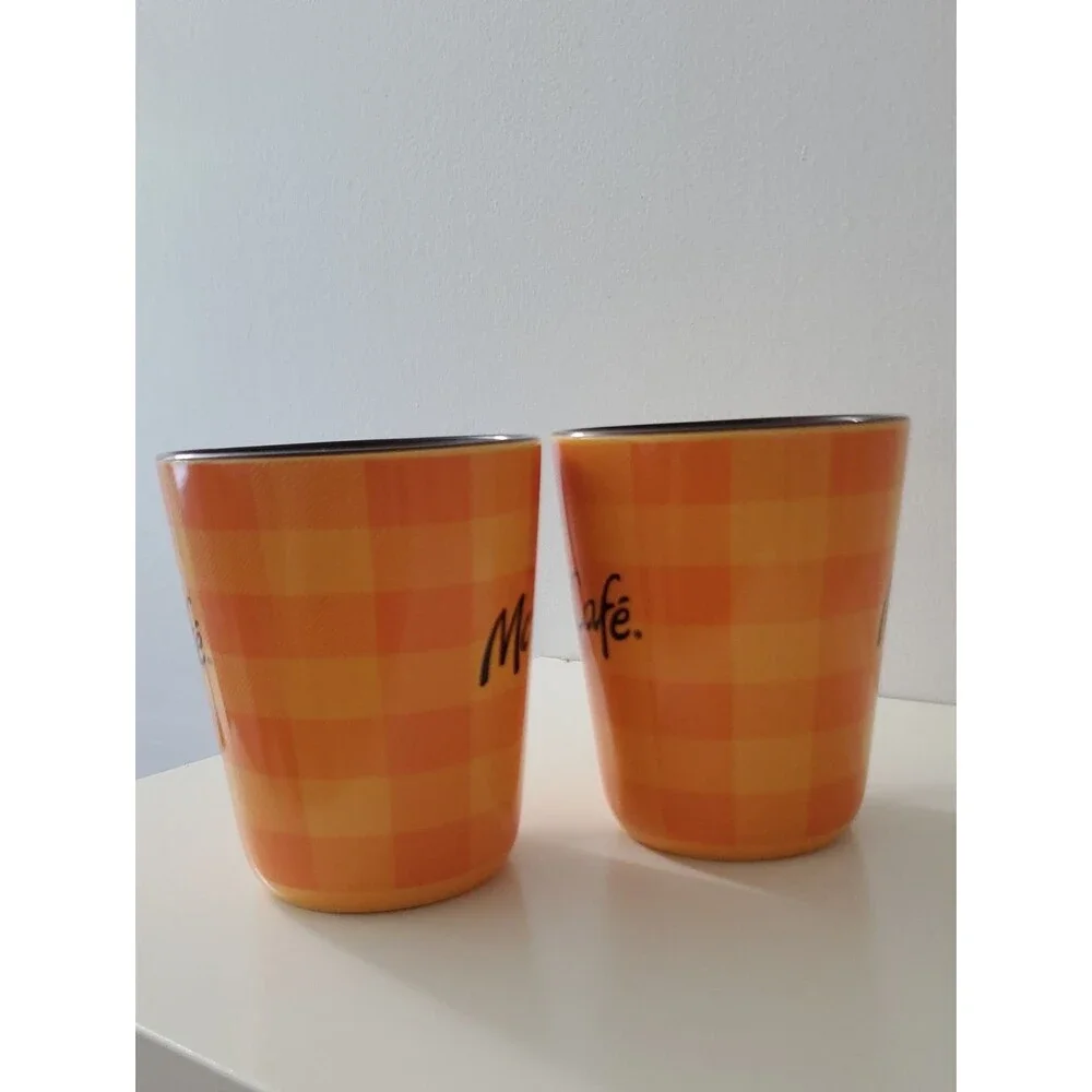 McCafe Orange Plaid Coffee Mugs 12 oz. Set Of 2